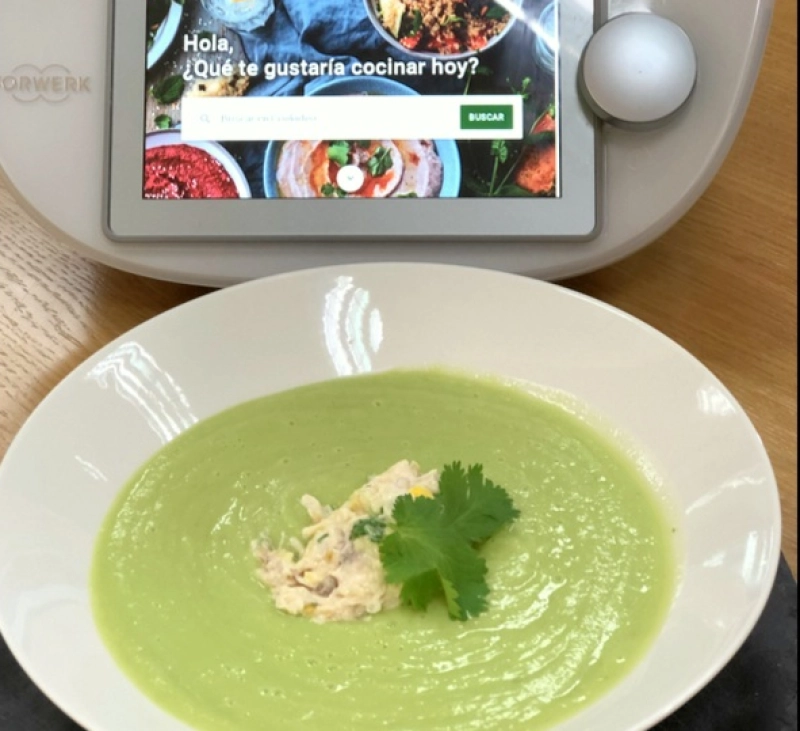 CREMA FRÁA DE AGUACATE Y MANZANA CON ENSALADA DE POLLO